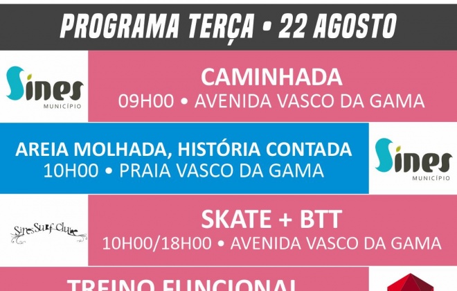 Conheça o programa do Sines em Movimento para terça-feira dia 22 de agosto