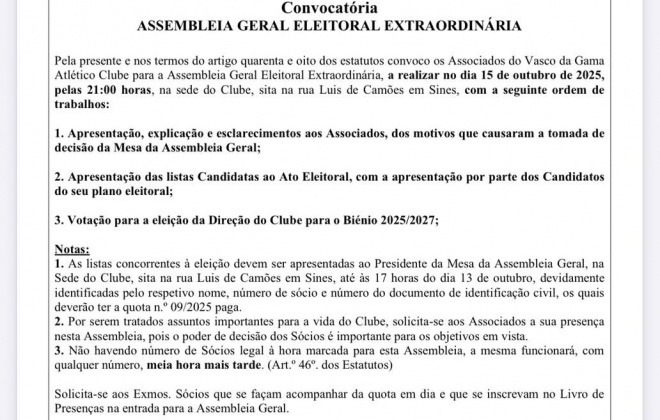 Vasco da Gama sem candidatos nas eleições que estão marcadas para esta quarta-feira