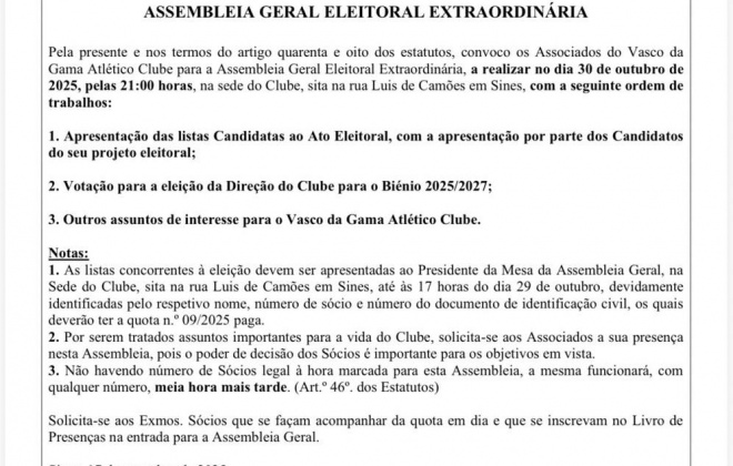 Vasco da Gama de Sines reúne em Assembleia Geral nesta quinta-feira dia 30 de outubro
